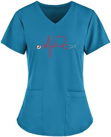 ZDFER kadın Kısa Kollu V Boyun Üstleri sevgililer Günü Paskalya Baskı çalışma üniforması Tee Gömlek Bluzlar 2 Cep