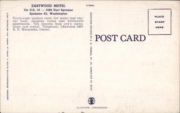 Eastwood Motel Spokane, Washington WA Orijinal Vintage Kartpostal