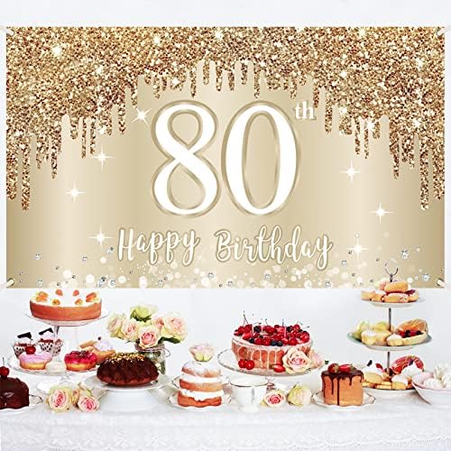 Mutlu 80th Doğum Günü Afiş Zemin Süslemeleri Kadınlar için, Altın Beyaz 80 Doğum Günü İşareti Parti Malzemeleri, Seksen