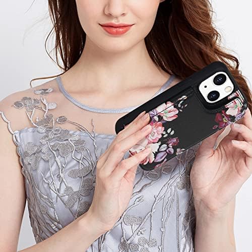 Crosspace Kadın Telefon Cüzdan Kılıf Kart Tutucu ile iPhone 14 Plus için Uyumlu, Çiçek Desenli Premuim Deri Takılar