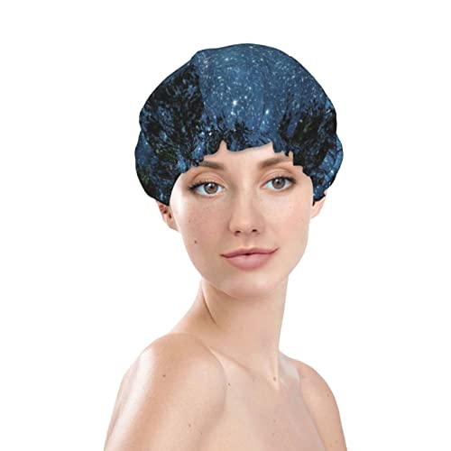 Yıldızlı Gece Mavi Baskılı Duş Başlığı Saten Kaput saç bonesi Su Geçirmez Banyo Kapakları Elastik Bant Streç Hem Duş