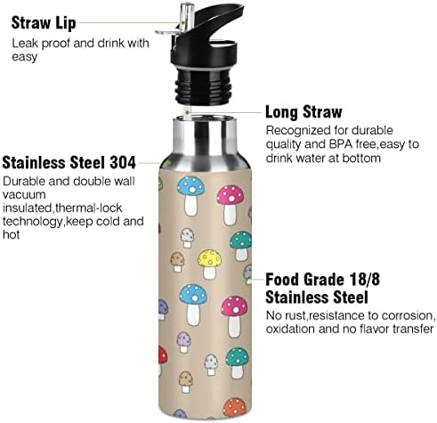 Glaphy Renkli Mantar Desenli Kahverengi Hasır Kapaklı Su Şişesi, BPA İçermez, 20 oz Su Şişeleri Yalıtımlı Paslanmaz