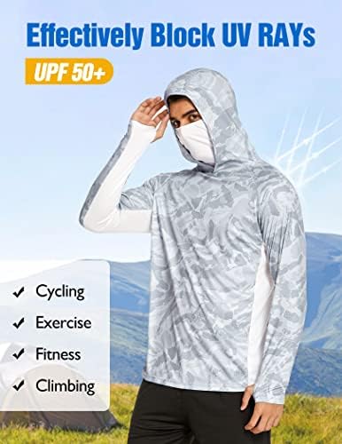 Erkek UPF 50+ Güneş Koruma Balıkçılık Gömlek Maske Soğutma Hoodie Hızlı Kuru SPF Camo Uzun Kollu Yürüyüş Gömlek