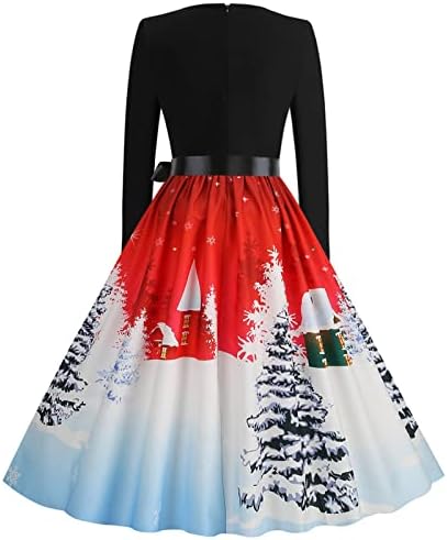Bayan Kare Boyun Elbise Vintage 1950 s Noel Bir Çizgi Noel Santa Elbise Renk Bloğu Uzun Kollu Kokteyl askı elbise