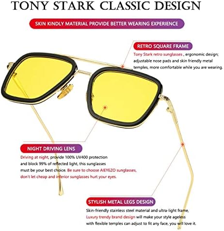 AIEYEZO Tony Stark Güneş Gözlüğü Vintage Kare Metal Çerçeve Gözlük Erkekler Kadınlar için-Demir Adam ve Edith güneş