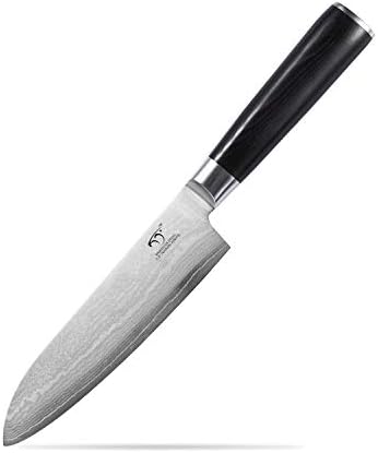 Şam Santoku Bıçak 7 İnç, Japon VG10 Süper Çelik 67 Katmanlı Şam ile Dövme Profesyonel Mutfak Bıçağı, Kaymaz Ahşap