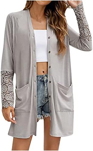 Kadın Dantel Tığ Uzun Kollu Gömlek Casual Uzun Sonbahar Düğme Ceketler Ceket Üst Hırka Kapak Ups Bluz Cepler ile