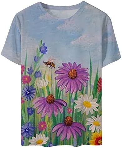Kadınlar için 2023 Yaz Kısa Kollu Tunik Tees Kazak Moda Çiçek Baskı Crewneck Gevşek Tişörtleri Bluz