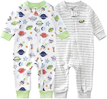 SUYEORLİ Bebek 2 Paket Ayaksız Pijama Romper pamuklu uzun kollu tişört 2 Yollu Fermuar Baskı Nakış Tulum Uyku ve Oyun
