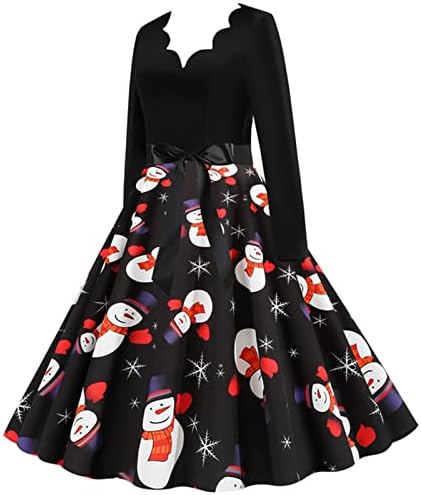 Kadın Vintage askı elbise 1950s Rockabilly Noel Partisi Çay Elbise Uzun Kollu Tekne Boyun Kokteyl Midi Elbise