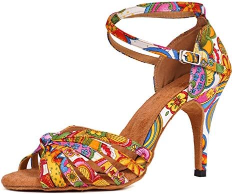 JUODVMP kadın Renkli Baskı Saten Çoklu Sapanlar Geçiş Balo Salonu Latin Salsa Performans Ayakkabı Modeli L255