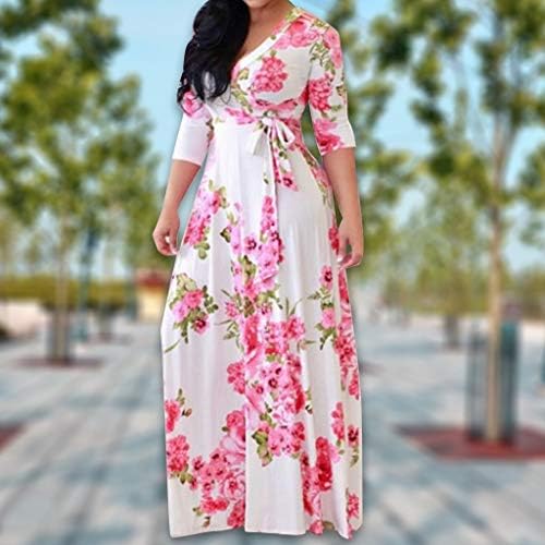 Kadın 2023 yaz elbisesi Casual Boho Çiçek V Boyun Orta Kollu Maxi Hawaii Plaj Elbise
