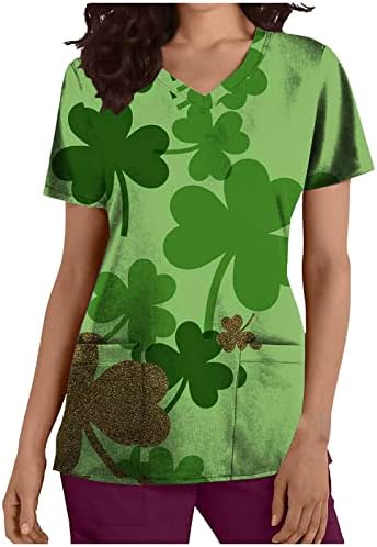 lcepcy Aziz patrick Günü Bayan Sevimli Yeşil Baskı İş Giysisi Üniforma V Yaka Kısa Kollu Tunik Bluz