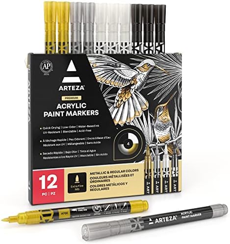 ARTEZA Akrilik Boya İşaretleyiciler, 12 Metalik işaretleme kalemi Seti, 3 Altın, 3 Gümüş, 3 Siyah, 3 Beyaz, Ekstra