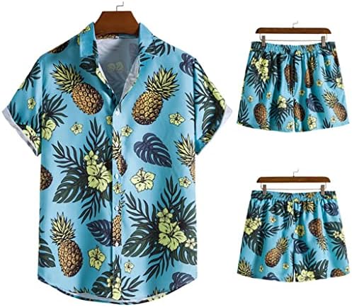 HOUKAI erkek Moda Gevşek Büyük Boy Ananas Baskı Kısa Kollu Gömlek Şort İki Parçalı Trend Takım Elbise Erkekler (Renk: