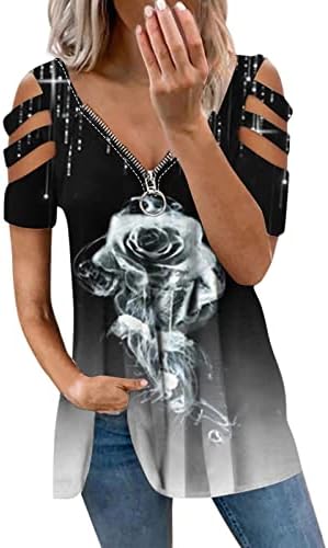 lcepcy Soğuk Omuz Kadınlar için Tops Zip V Boyun Tunikler Çiçek Baskılı Kesme Off-Omuz Bluzlar Yaz Rahat T Shirt