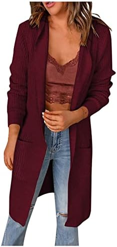 COKUERA Bayan Moda Sonbahar Kış Uzun Kollu Palto Rahat Büyük Boy Fit Düz Renk Açık Ön Kapşonlu Örgü Hırka Dış Giyim