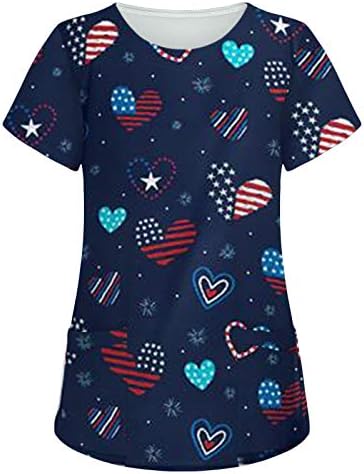4th Temmuz T-Shirt Kadınlar için Yaz Kısa Kollu V Boyun T Gömlek 2 Cepler ile Abd Bayrağı İş Giysisi Tatil Rahat Bluz