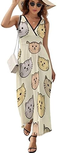 Sevimli Kedi Desen kadın Kolsuz Elbiseler Rahat V Yaka Maxi uzun elbise Tankı Elbise Sundress Plaj Elbise