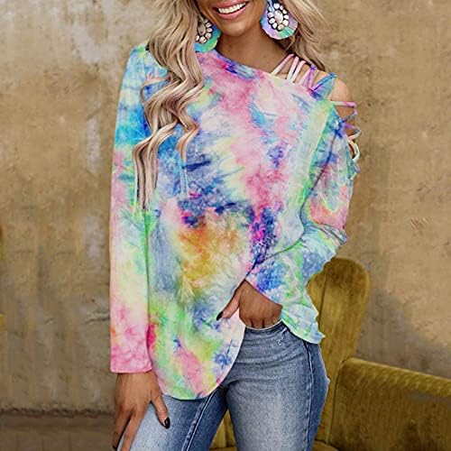 BEIBEIA kadın Rahat Soğuk Omuz Kravat Boya Tunik Gömlek, Sonbahar Gevşek Strappy Tops Uzun Kollu Kazak Bluzlar Tees