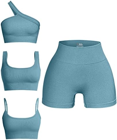 OQQ kadın 4 Parça Kıyafetler Nervürlü Dikişsiz Egzersiz Scoop Boyun Spor Sutyeni Bir Omuz Üstleri Yüksek Bel Şort