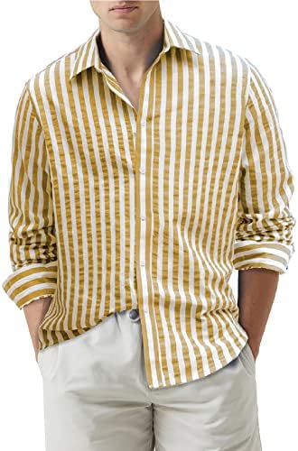Renaowin Erkek Gömlek Uzun Kollu Keten Pamuk Casual Düğme Aşağı Elbise Gömlek ile Ön Cep