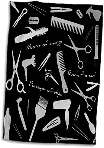 3dRose-Alexis Tasarım-El Sanatları-Berber, Değişim Ustası. Gri Stilist aletleri, Metin, Siyah Havlu Üzerine (twl-281297-1)