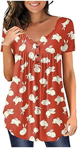 Paskalya Gömlek Kadınlar için Sevimli Tavşan Tees Kısa Kollu Tunik Üst Düğme Casual Bluzlar Yuvarlak Boyun Hıristiyan