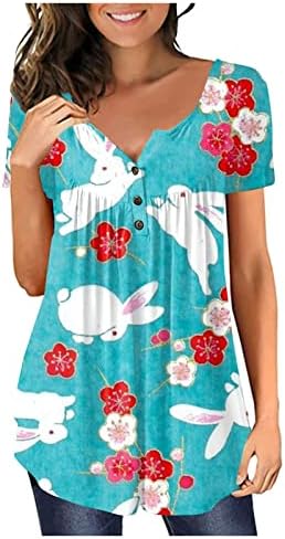Paskalya Gömlek Kadınlar için Sevimli Tavşan Tees Kısa Kollu Tunik Üst Düğme Casual Bluzlar Yuvarlak Boyun Hıristiyan