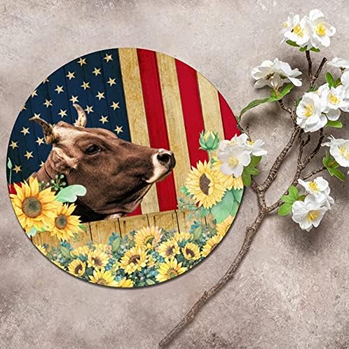 Yuvarlak Metal İşareti Rustik Ahşap Tahıl Yıpranmış ABD Bayrağı Komik Çiftlik İnek Ayçiçeği Komik Bar Ev İşareti Vintage