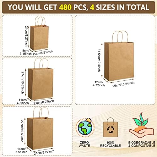 Sherr Kulplu 480 Adet Kahverengi Kağıt Torbalar Kraft Hediye Çantaları Küçük İşletmeler için Toplu Perakende Alışveriş