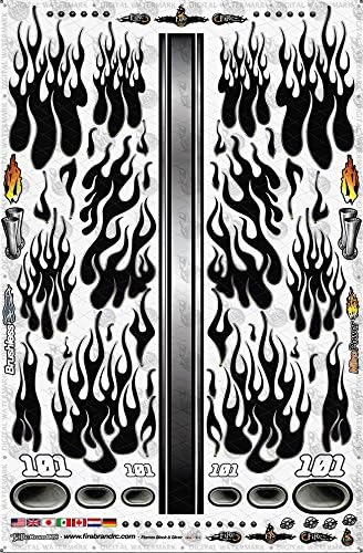 FireBrand RC Flames 1, Siyah w/Metalik Gümüş Anahatlar, Çok uyumlu Çıkartma Sayfaları 8,5x 14