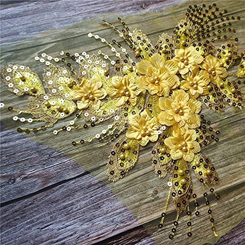 PDGJG Sarı Pullu Püskül 3D Çiçek Gül Boncuk Dantel Kumaş Işlemeli Elbisesi Aplikler Yaka Örgü Dikmek Yama Düğün Dekor