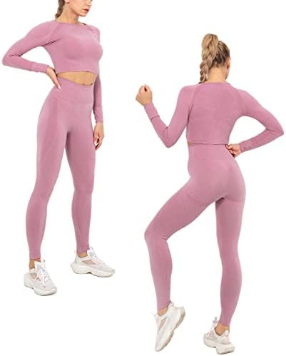 LANSWE Egzersiz Kıyafeti Kadınlar için 2 Parça Popo Kaldırma Spor Yoga Seti Dikişsiz Uzun Kollu Kırpma Üst ve Alt