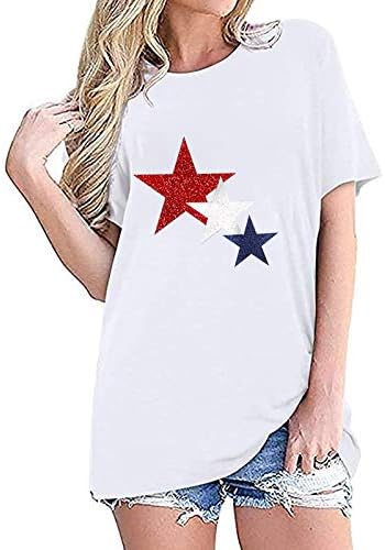 Vatansever Gömlek Kadınlar için Amerikan Bayrağı Yaz Kısa Kollu O-Boyun Gömlek Yıldız Çizgili Gevşek Fit Casual Parti