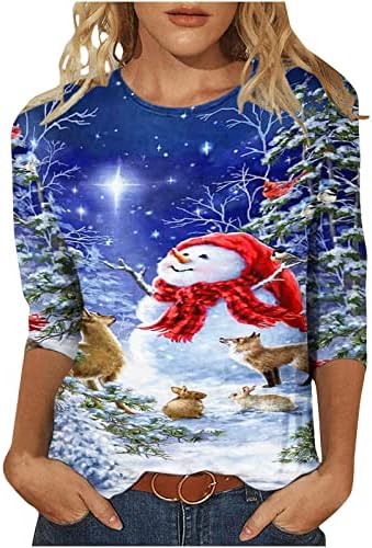 Kadınlar 3/4 Kollu Tunik Üstleri Crewneck Noel Ren Geyiği Kardan Adam Baskı Rahat T-Shirt Rahat Moda Gevşek Fit Bluzlar