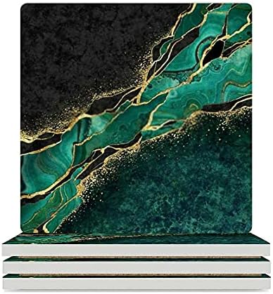 Kuizee Bardak İçecekler için Emici 2 Set Seramik Mantar Taban Kare Coaster Soyut Siyah Mermer Yeşil Malakit Komik