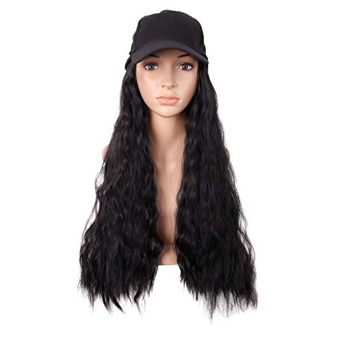 MapofBeauty 24 İnç/60 cm Uzun Kıvırcık Sentetik Saç Uzatma Parti Ayarlanabilir Ekli beyzbol şapkası Peruk (Jet Siyah)