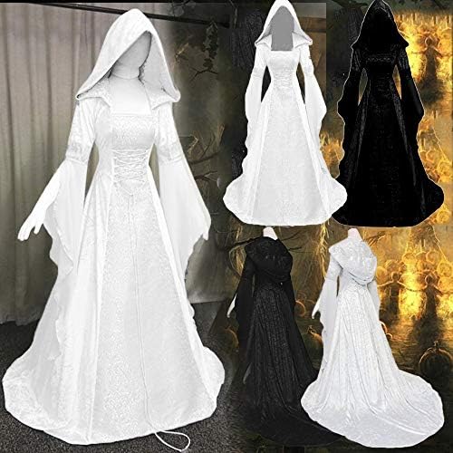 ZEFOTİM Ortaçağ Cadı Elbise Vintage Kapşonlu Cadı Pelerin Elbise Trompet Kollu Ortaçağ düğün elbisesi Cadılar Bayramı