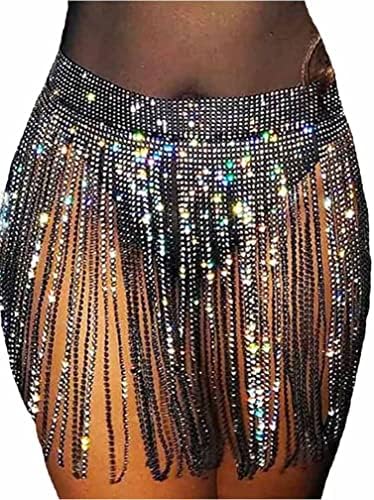 Zeelina Rhinestone Fringe Kemer Etek Siyah Sparkly mini etekler Kristal Oryantal Dans Püskül cıngıllı şal Rave Kıyafet
