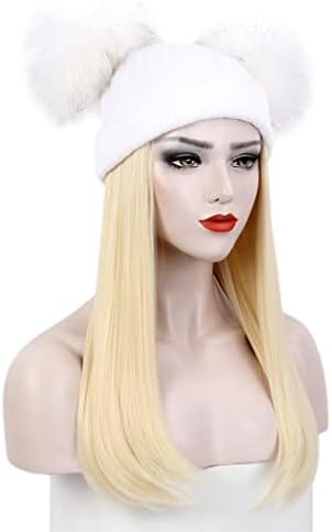 DOBA Bayanlar Saç Şapka Bir Beyaz Örme Şapka Peruk Kış Sıcak Uzun Düz Altın Peruk Şapka Bir