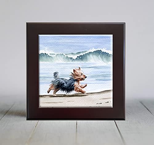 Yorkshire Terrier Plajı Suluboya Köpek Sanatı Dekoratif Karo (6 X 6 Çerçeveli)
