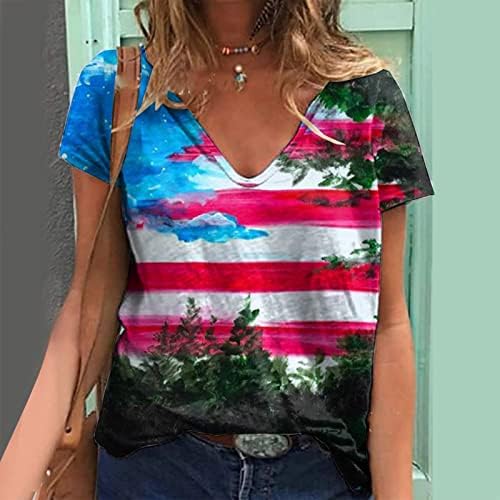 Bayan Tee Üstleri Bağımsızlık Günü Kadınlar için Baskı Günlük yazlık gömlek kadın V Boyun Raglan Kısa Kollu Gömlek