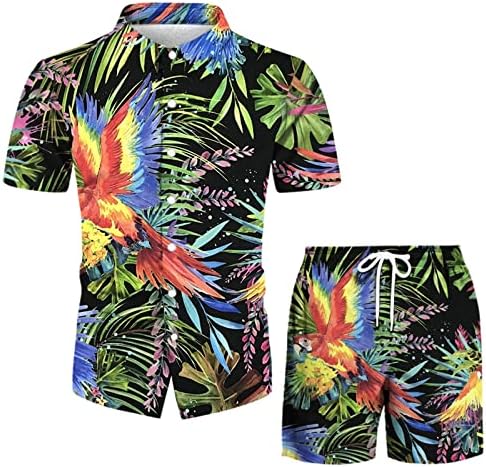 DSODAN Mens Hawaii Gömlek ve şort takımı 2 Adet Tropikal Kıyafet Baskı Düğmesi Aşağı Kısa Kollu Plaj Takım Elbise