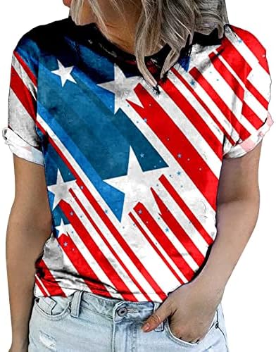 Vatansever Gömlek Kadınlar için ABD Bayrağı T Shirt Casual Yaz Üstleri Kısa Kollu Tees Çizgili Kravat Boya Rahat Gevşek