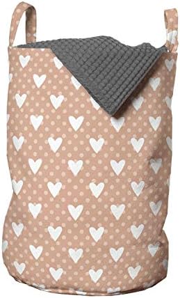 Lunarable Valentine Çamaşır Torbası, Beyaz Kalpli ve Pastel Lekeli Desen Romantik Retro, Kulplu Sepet Çamaşırhaneler