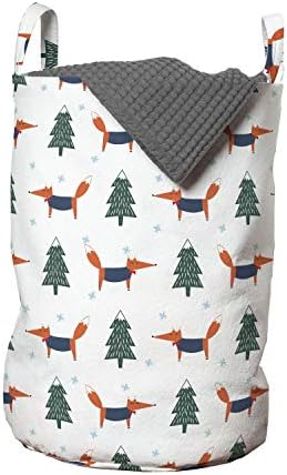 Ambesonne Northwoods Çamaşır Torbası, Noel Tilki ve Çam Ağacı Deseni Kış Sezonu Kar Taneleri Hayvan Karikatürü, Kulplu