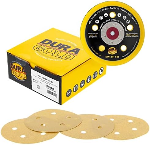 Dura-Altın 5 Altın Zımpara Diskleri - 150 Grit & 5 Kanca & Döngü DA Destek Plakası Ped, 5 Delik Desen