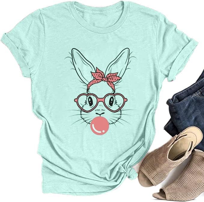 Komik Tavşan Baskı T Shirt Kadınlar için Sevimli Grapic Leopar Shirt Aile Bluz Hediyeler Paskalya Üstleri Tee