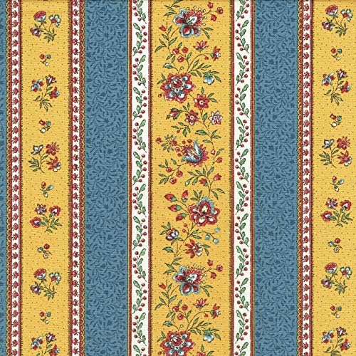 Tekstil français Akrilik Kaplı Provençal Şeritli Çiçekli Kumaş GÖRDES / Taş Mavisi ve Sarı-Lüks %100 Pamuklu Baskılı